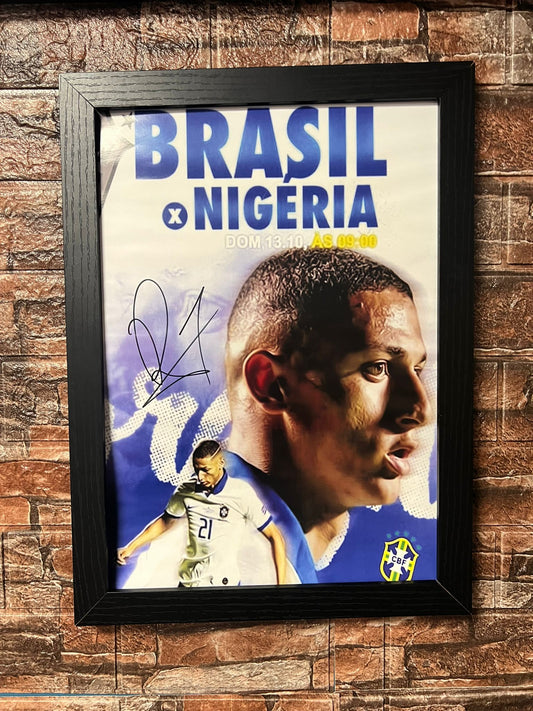 Richarlison Hand Signed Brazil v Nigeria A3 Poster